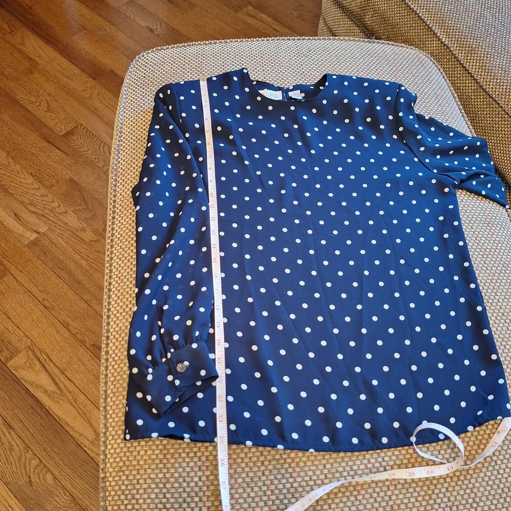 Chaus Vintage Sheer Navy and White Polka Dot Blouse And Adjustable Waist Skirt